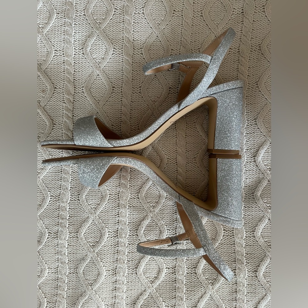 Jewel Badgley Mischka “Rayla II” Silver Glitter Women's Heels Buckle Various SZ - Picture 8 of 14